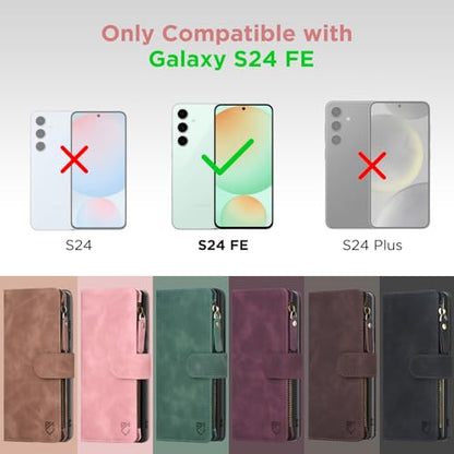 for Samsung Galaxy S24-FE-Wallet Case: with RFID Blocking Card Slots (6 Cards) | Soft PU Leather Magnetic Snap Zipper Pocket | Crossbody Wrist Strap Protective Phone Cover - Pink - color: Pink, size: Galaxy S24 FE（6.7‘’）