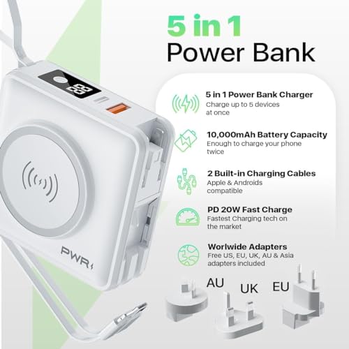 PWRMobile PWR Travel PRO 5-in-1 Power Bank with Case Included – 10,000mAh with Built-in Cables – 20W USB-C + 15W Wireless Charging – Compact Portable Charger for iPhone & Android - White - color: White with Gray Case
