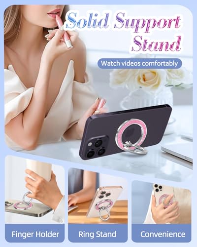 Phone Ring Holder Compatible with MagSafe - Magnetic Cell Phone Grip for Women Cute Magnet Removable Finger Ring Grip Stand Glitter Shiny Accessories for iPhone 17 16 15 14 13 Pro Max Plus - color: Pink