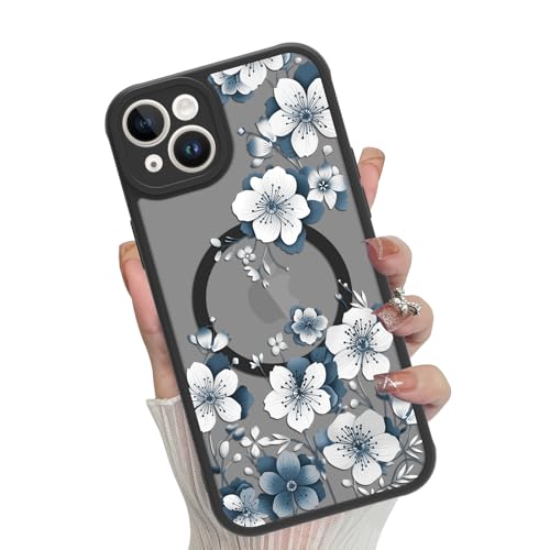 Magnetic for iPhone 15 Plus Case,White Flower | [Compatible with MagSafe] Cute Fashion Translucent Matte Hard Back Shockproof Anti-Scratch Phone Case,Ink Flower - color: Ink Flower, size: iPhone 15 Plus