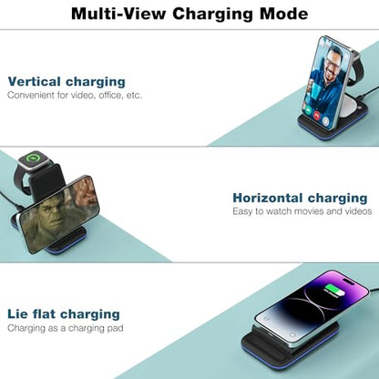 Wireless Charger for iPhone, Foldable 3 in 1 Fast Charging Station/Stand/Multi Charger for iPhone15 14 13 12 11/Xs/XR/X/8, Travel Pad for Apple Watch S8/Ultra/7/6/5/4/3/2/SE, Airpods 2/3/Pro/Pro 2