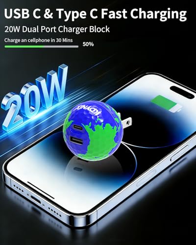 USB C Charger Block, Dual Port 20W Fast Charging Wall Charger Creative Ball Power Adapter for iPhone 17/17 Air/17 Pro/17 Pro Max/16/16 Pro/16 Pro Max/16 Plus/15/14/13/12, Galaxy, iPad, Airpods, More - color: Earth