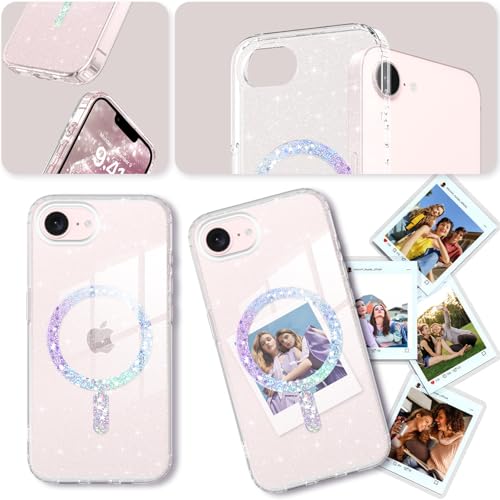 DUEDUE for iPhone 17E/16E Case Magnetic[Compatible with MagSafe], Clear Glitter Anti-Yellowing Bling Sparkle Transparent Phone Case for iPhone 17E/16E 6.1", Clear/Glitter