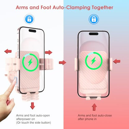Wireless Car Charger 15W Fast Charging Auto-Clamping Air Vent Phone Mount - color: Pink