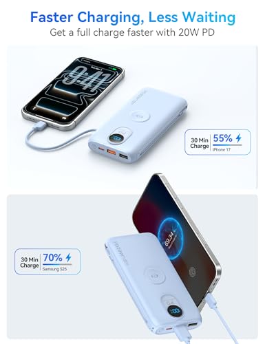 Portable Charger Power Bank 10000mAh PD20W w/Built-in Cables & AC Plug - color: LightBlue