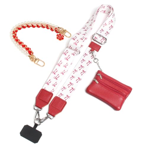 Phone Strap with Zippered Pouch, Clip and Go Strap for Phone with Wallet Crossbody, Adjustable Crossbody Phone Strap-1 - color: Bow Red
