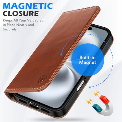 SHIELDON Genuine Leather Case Wallet for iPhone 16 Plus 6.7", Retro Brown | Genuine Leather, Folio Magnetic Closure, RFID Blocking, Credit Card Holder, Kickstand, Soft Shock Absorbing Protective Cover - color: Retro Brown