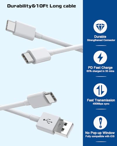 10Foot iPhone USBC Charging Cable,40W 2Pack Foldable Phone 17/16e Fast Charger Block 10FT USBC Cable Fast Charging for Apple iPhone 17/17 Air/17 Pro/16/16 Pro/16 Pro Max/16 Plus 15/15 Pro/Pro Max/iPad