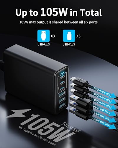 105W USB C Charger Block, 6-Port GaN Desktop Charger USB C Charging Station - color: Black, size: 105W