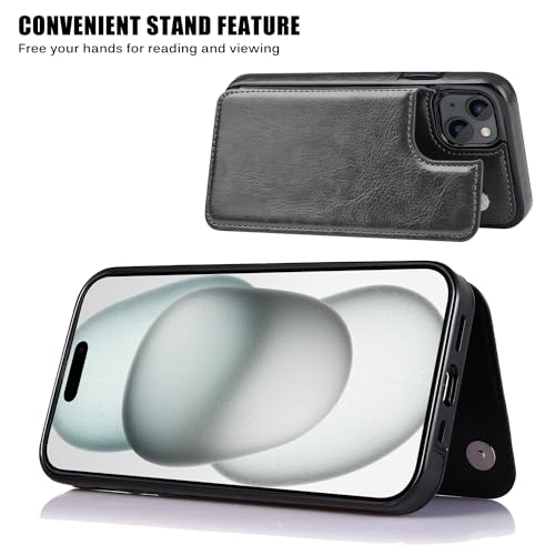 Wallet Case Compated with iPhone 15, Slim Protective case with Card Holder,Premium PU Leather Kickstand Card Slots Case with 1 Screen Protector for iPhone 15(6.1")-Black - color: Black