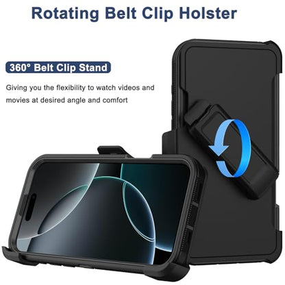 for iPhone 16 Pro Max Phone Case,Military Grade Drop Protection Cell Phone Cover with Belt Clip Holster Stand,Screen Protector x2 Rugged Kickstand for iPhone 16 Pro Max Case 6.9” (Black) - color: Black
