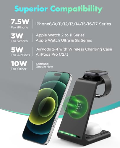 3 in 1 Wireless Charging Station,2026 Upgraded Fast Desk Charger Station for iPhone 17 16 15 14 13 12 Pro Max Plus,Charger Stand for Apple Watch 11 10 9 8 7 6 5 4 3 2 Ultra SE,Airpods 4 3 2 Pro(Black) - color: B-Black