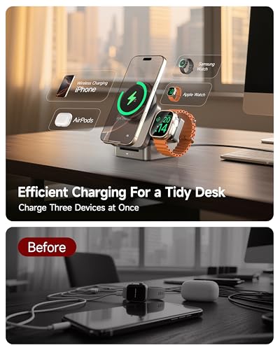 ZEEHOO 3-in-1 Foldable Magnetic Wireless Charging Station, 15W Travel Charger Stand Dock Wireless Charger for iPhone 17/16/15/14/13/12 Series, Apple Watch, AirPods (30W Adapter Included) - color: Gold