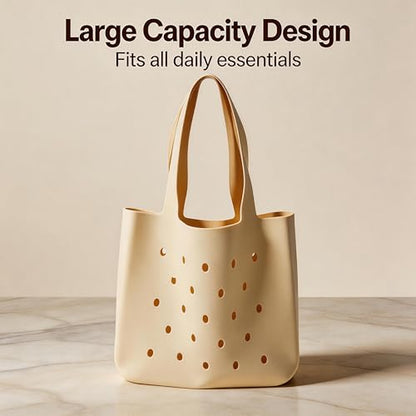 Silicone Beach Bag, Waterproof Large Tote Bag for Women, Charm Compatible Bag - color: Beige