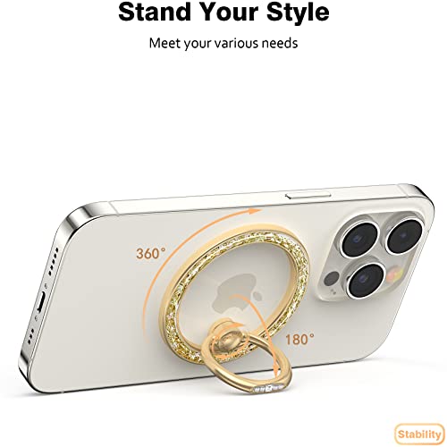 Allengel Magnetic Phone Grip for Mag Safe, Magnetic Ring Holder Compatible with Mag Safe Phone Ring, 360°Rotating Finger Kickstand for iPhone 17 16 Pro Max 15 14 13 12 & Android(Gold Bling Silver) - color: gold bling silver