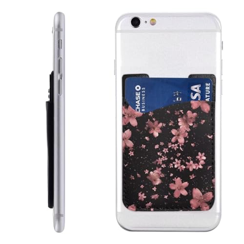 Phone Card Holder for Back Of Phone Pink Cherry Blossom Leather Phone Wallet Stick On Cute Floral Credit Card Holder for Phone Case Phone Wallet Adhesive Pouch - color: Cherry Blossom