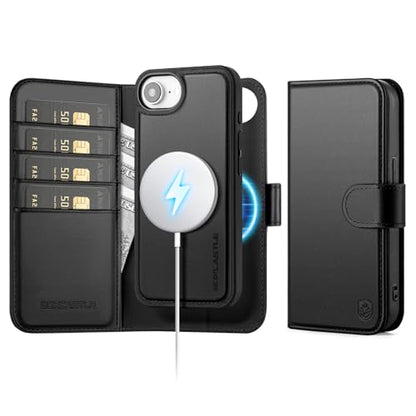 Magnetic 2 in 1 Detachable Compatible with Magsafe iPhone 17e / 16e Genuine Wallet Case with Card Holder,Women Men Real Leather Flip RFID Blocking Credit Card Slots Stand Phone Cover,Black - color: Black, size: iPhone 17e / 16e - 6.1"
