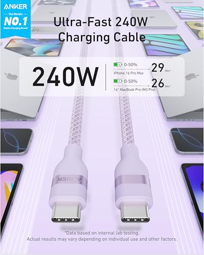 Anker Nano USB C to USB C Cable, 240W Fast Charging Cable (Purple, 6ft) - color: Purple, size: 6ft