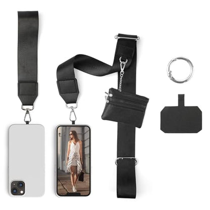 Clip and Go Phone Strap with Wallet Crossbody, Phone Chain Cross Body with Detachable Zippered Pouch, Phone Lanyard with Purse, Adjustable Mobile Strap (Black) - color: Black