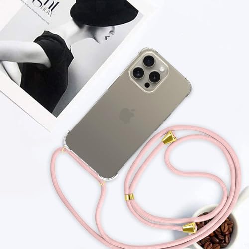 for iPhone 15 Pro Max Strap Case for Women Adjustable Strap Clear Anti-Yellowing Cover Soft TPU Bumper Transparent Shockproof Protective Phone Cover Case for iPhone 15 Pro Max - Rose Gold - size: for iPhone 15 Pro Max