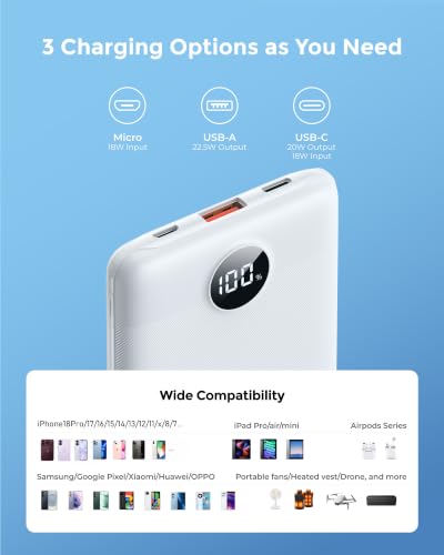 Portable Charger 10000mAh, Ultra Slim Power Bank Fast Charging (White) - color: white