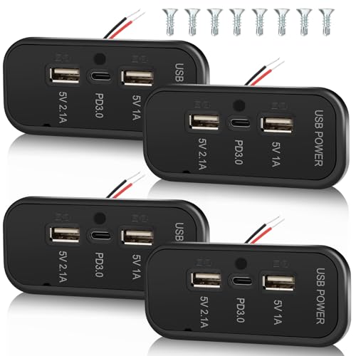4PCS 12V RV USB Outlet 3 Charging Ports Panel Wall Surface Mount - color: Black, size: 4PCS