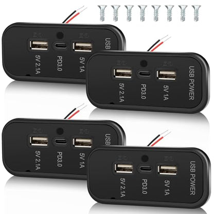4PCS 12V RV USB Outlet 3 Charging Ports Panel Wall Surface Mount - color: Black, size: 4PCS
