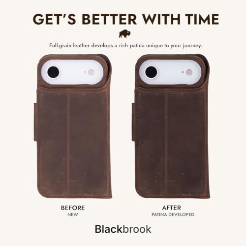 BLACKBROOK Detachable Leather Wallet Case Compatible with iPhone Air | Full-grain detachable folio with RFID blocking, 3 card slots, ID window, built-in kickstand, wireless charging, handcrafted. - color: Distressed Coffee, size: iPhone 17 Air