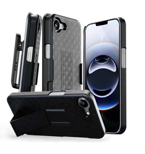 MOTIVE for iPhone 16e Case with Belt Clip, Rigid, Kickstand | 6.1" | Ranger v1 Series, Black, 360° holster, open-top/open-bottom port access, textured grip, slim - size: iPhone 16e