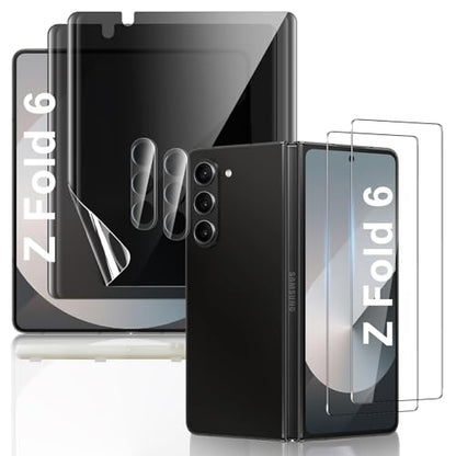 [2Set 6PCS] Screen Protector for Galaxy Z Fold 6, 2 Inner TPU Privacy Films + 2 Outer Tempered Glass + 2 Camera Lens Protecters with Positional Mouting Frame, No Creases, No Bubbles - size: Galaxy Z Fold 6