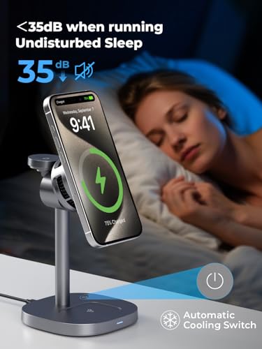 havit Qi2 3 in 1 Wireless Charging Station, 15W Magnetic Charger with Cooling Fan for iPhone 17/16/15/14/13/12, Apple Watch & AirPods, Adjustable Stand, 45W Adapter Included