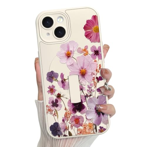 MZELQ for iPhone 15 Case Cute Floral Flower Pattern -Purple | Silicone Design Magnetic Compatible with MagSafe, Kickstand Wristband Camera Protection Soft Slim Phone Case for Girls Women - color: Cute Floral(Purple), size: iPhone 15