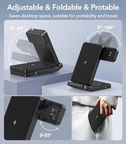 Foldable Wireless Charger for Samsung, 3 in 1 Fast Wireless Charging Station Stand for Samsung Galaxy S25 Ultra S24/S23/S22/S21/Note/Z Fold 7 ZFlip 7/6/5,Galaxy Watch 8/Ultra/7/6/5, Galaxy Buds, Black