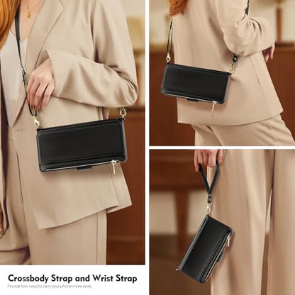 Antsturdy Crossbody Phone Wallet Case for iPhone 14 Plus,Black | RFID Blocking,PU Leather Flip Cover,Kickstand,with Credit Card Holder,Wrist Strap Lanyard & Handbag Purse,for Women & Men - color: (Crossbody) - Black