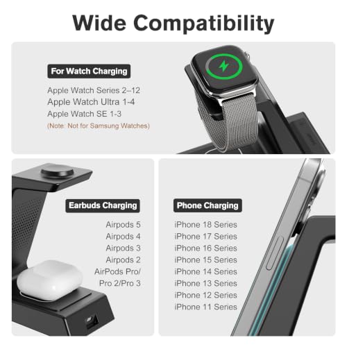 ANJANK 4 in 1 Wireless Charging Station Alarm Clock, Charging Dock for Apple Devices, Charger Stand for iPhone 18 Duo 17 Air 16 15 14 Series for Apple Watch 12 11 10 9 8 7 UItra/SE & AirPods, Dimmable - color: Black