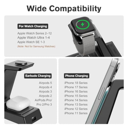 ANJANK 4 in 1 Wireless Charging Station Alarm Clock, Charging Dock for Apple Devices, Charger Stand for iPhone 18 Duo 17 Air 16 15 14 Series for Apple Watch 12 11 10 9 8 7 UItra/SE & AirPods, Dimmable - color: Black