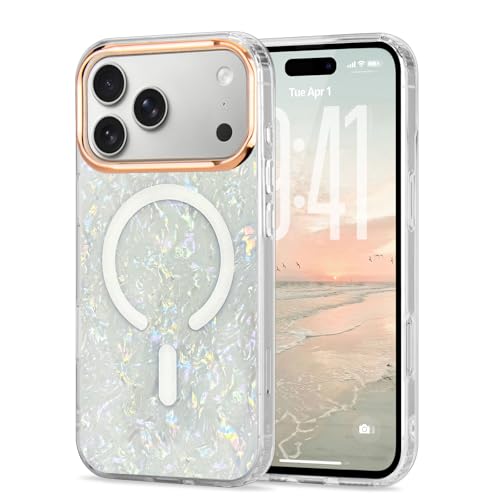 for iPhone 17 Pro Cute Girly Women Case Sparkle Seashell,White | Compatible with Magsafe Slim Colorful Sparkle Seashell Pattern Translucent Cover Soft TPU Protective Magnetic Bumper Case - color: White, size: iPhone 17 Pro