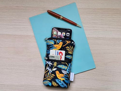 Tainada 2-Zip Neck Phone Pocket Bag w/Belt Loop (Birds Floral Navy Blue) | For Men/Women; Water-resistant neoprene pouch, shockproof, lightweight, w/carabiner; Compatible with most of smartphones - color: Birds Floral Navy Blue