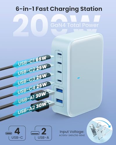 USB C Charger 200W USB Charging Block,6 Ports Foldable Wall Charger Outlet Plug,QC4.0 Fast Charging Station Hub,PD 65W Laptop Adapter for MacBook Pro/Air,Dell,iPhone 17/16/15,Galaxy (Light Blue) - color: Light Blue