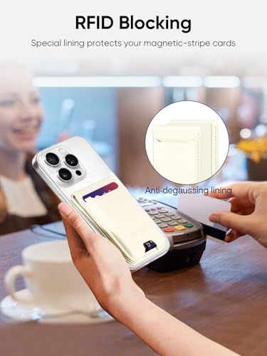 TopMade Phone Card Holder, Leather Phone Wallet Stick on with Stand, Open ID Window, 3M Adhesive Credit Card Holder for Back of Phone Case, iPhone, Samsung, and Android, Fit 6 Cards, Milky White - color: Milky White