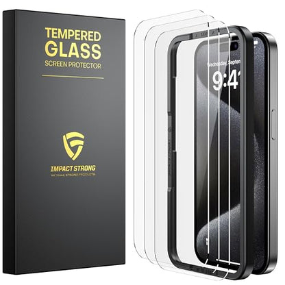 ImpactStrong 3-Pack Shatterproof Tempered Glass Screen Protector for iPhone 15 Pro [Easy Installation Frame] [Bubble Free] [9H Hardness] [Full Coverage] Case Friendly, 6.1 Inch - size: iPhone 15 Pro