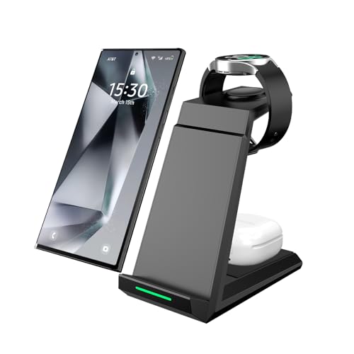 ADADPU 3 in 1 Wireless Charging Station for Samsung Galaxy S26 S25 S24 S23 S22, Charging Stand for Galaxy Watch 8/7/6/5/4/3 (Not for Watch 9/Ultra 2) and Galaxy Buds, 20W Adapter Included - color: Black