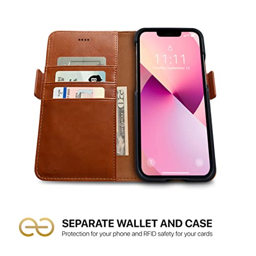 Dreem Vegan Leather Magnetic Detachable Wallet Case for iPhone 13 Mini | Built-in Phone Stand, RFID Blocking Card Holder Flip Cover, MagSafe Compatible, Gift Box [Fibonacci: Caramel] - color: Caramel, size: iPhone 13 Mini