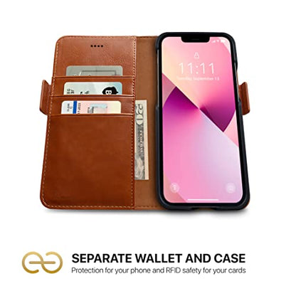 Dreem Vegan Leather Magnetic Detachable Wallet Case for iPhone 13 Mini | Built-in Phone Stand, RFID Blocking Card Holder Flip Cover, MagSafe Compatible, Gift Box [Fibonacci: Caramel] - color: Caramel, size: iPhone 13 Mini
