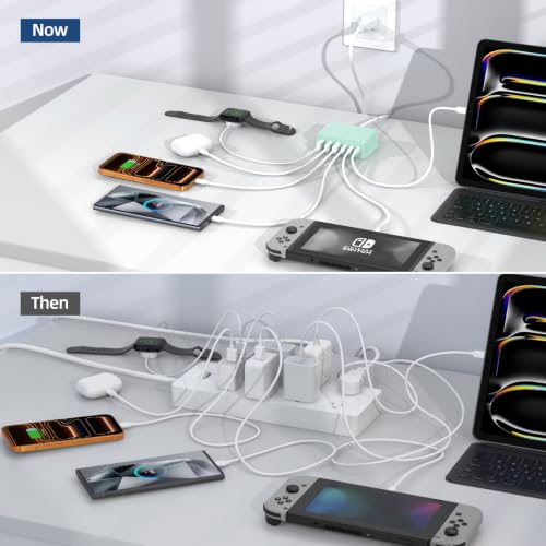 100W 6 in 1 USB Charger, 50% Smaller Charging Station for Multiple Devices - color: Light Green