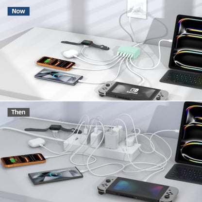 100W 6 in 1 USB Charger, 50% Smaller Charging Station for Multiple Devices - color: Light Green