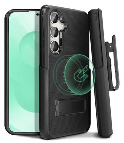 MOTIVE for Samsung Galaxy S25 Plus Case with Belt Clip and Stand | 6.7" | Case & Holster, MagSafe compatible, built-in Kickstand Horizontal, 360° rotating belt clip, slim low-profile fit - size: s25 Plus