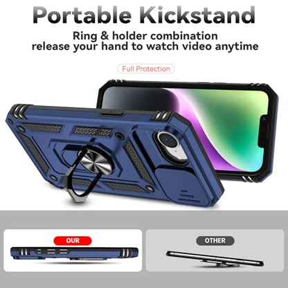 for iPhone 17E / iPhone 16E Case, with Camera Lens Cover HD Screen Protector, Dual Layer Military-Grade Drop Tested Magnetic Ring Holder Kickstand Protective Phone Case for iPhone 16E /17E (Navy Blue) - color: Navy Blue with camera cover Military-Grade 2n