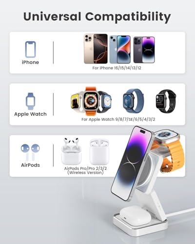 3-in-1 Wireless Charger for iPhone,15W Fast Wireless Charging Station Compatible with Mag-Safe Charger,Magnetic Foldable Travel Charger Stand Nightstand for iPhone 17/16/15/14/13,Apple Watch&AirPods - color: White