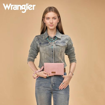 Montana West Wrangler Womens Wristlet Wallet RFID Blocking Bifold Clutch Credit Card Holder Purse with Crossbody Strap - color: B-Pink